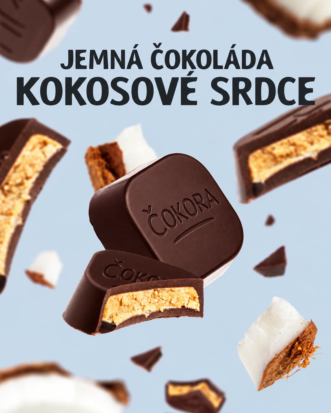 Kokosové čokoládové bonbony fiktivní značky ČOKORA na světle modrém pozadí s výraznou černou typografií.